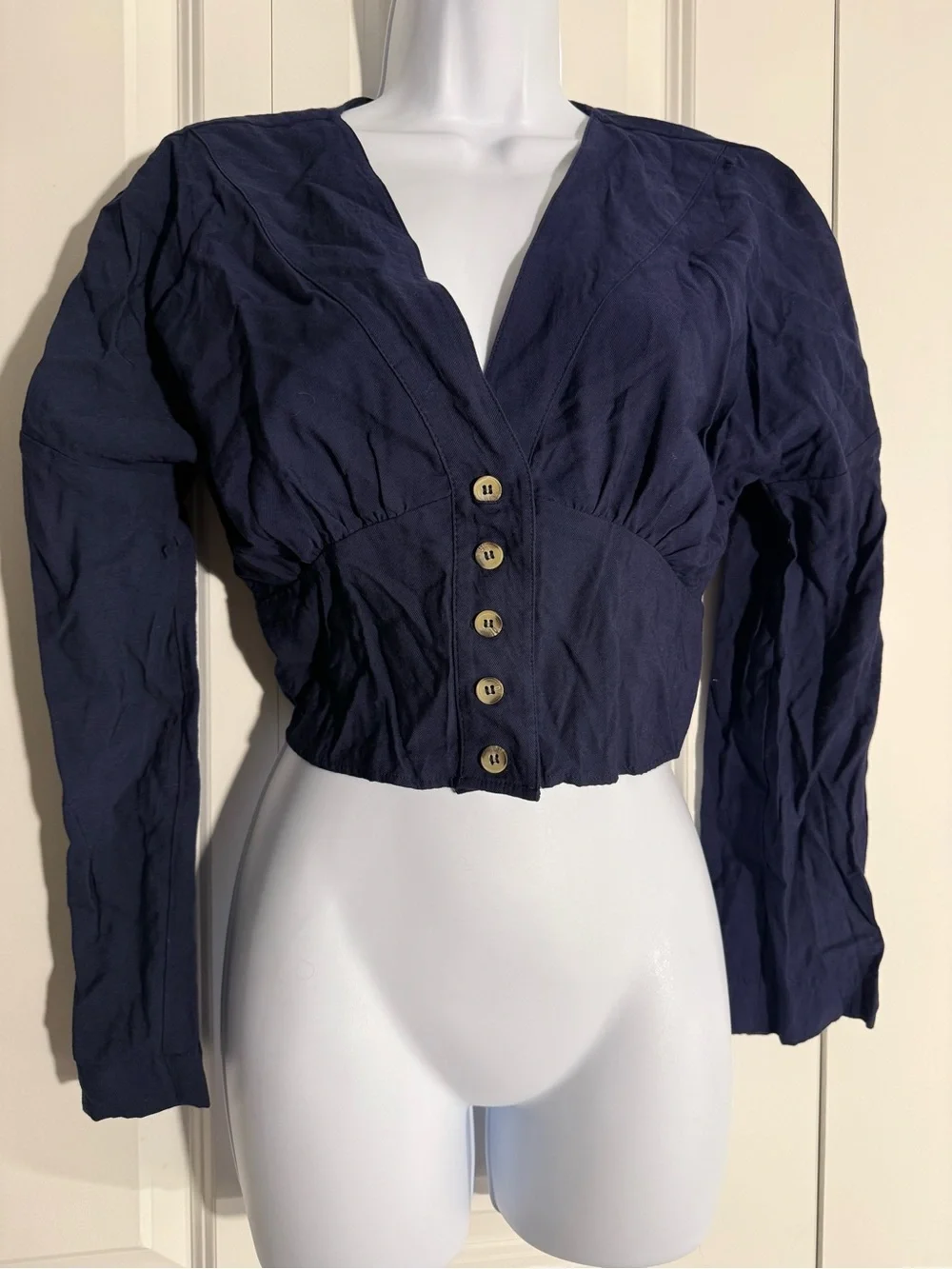 Free People Navy Button-Front Cropped Top